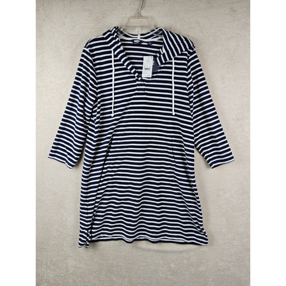 Lands End Women's Long Sleeve Striped Terry Hooded Swim Cover Up Size 10-12